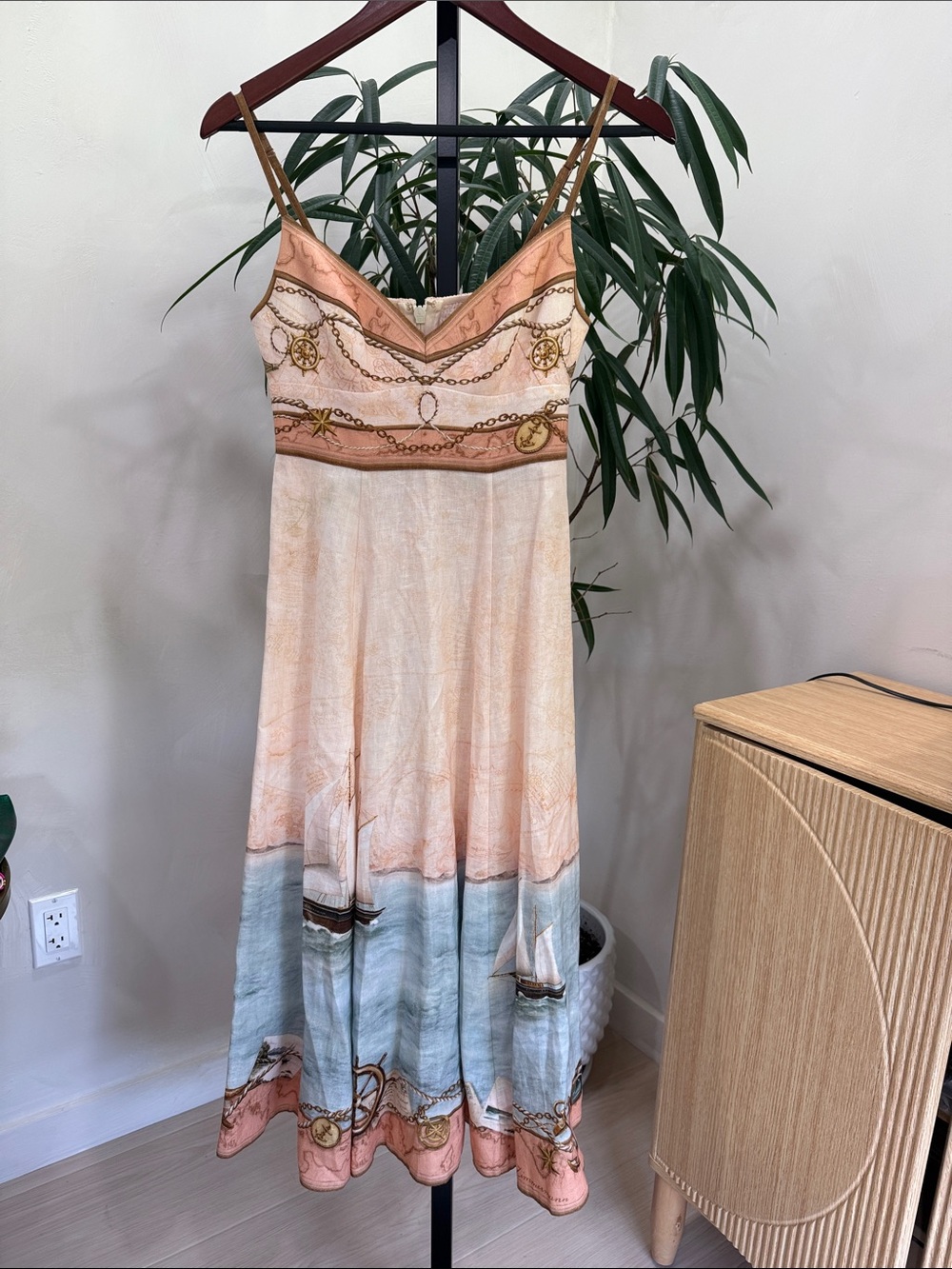 Scarborough Picnic Midi Dress In Peach Nautical Map 0 Authentic - Picture 3 of 8